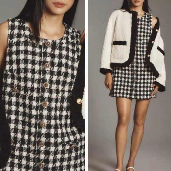 NEW Reformation Tropez Mini Dress - Black Check Tweed Holiday Party - Picture 1 of 9